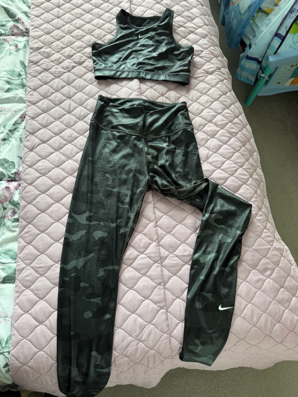 Nike Black & Gray Camo Leggings and Sports Bra Set